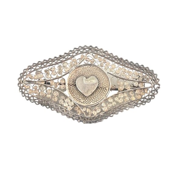 Victorian Egyptian Revival Silver Filigree Heart Brooch - Picture 3 of 7